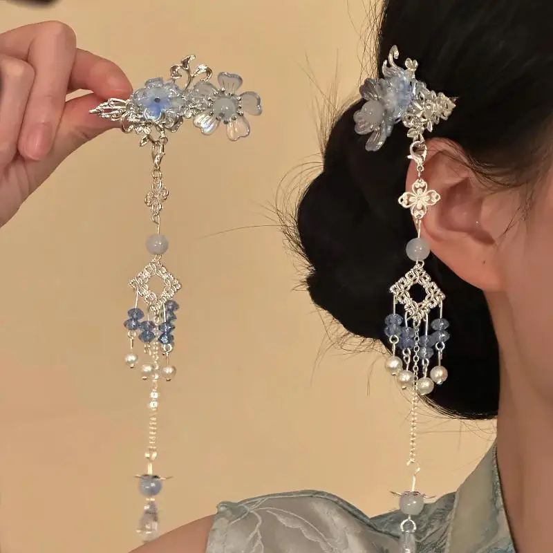 Blumen-Quasten-Haarspange im chinesischen Hanfu-Stil mit Kristallperlen-Quaste für Frauen – Detail 1