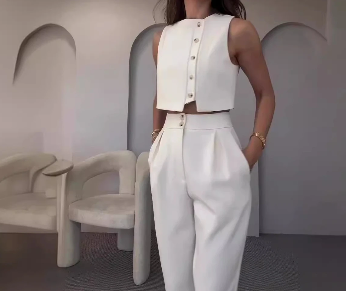 Women Two Piece Sets Long Pants Sets Loose Sleeveless Vest Tops Button High Waist Straight Pant Elegant Splice Summer 2024