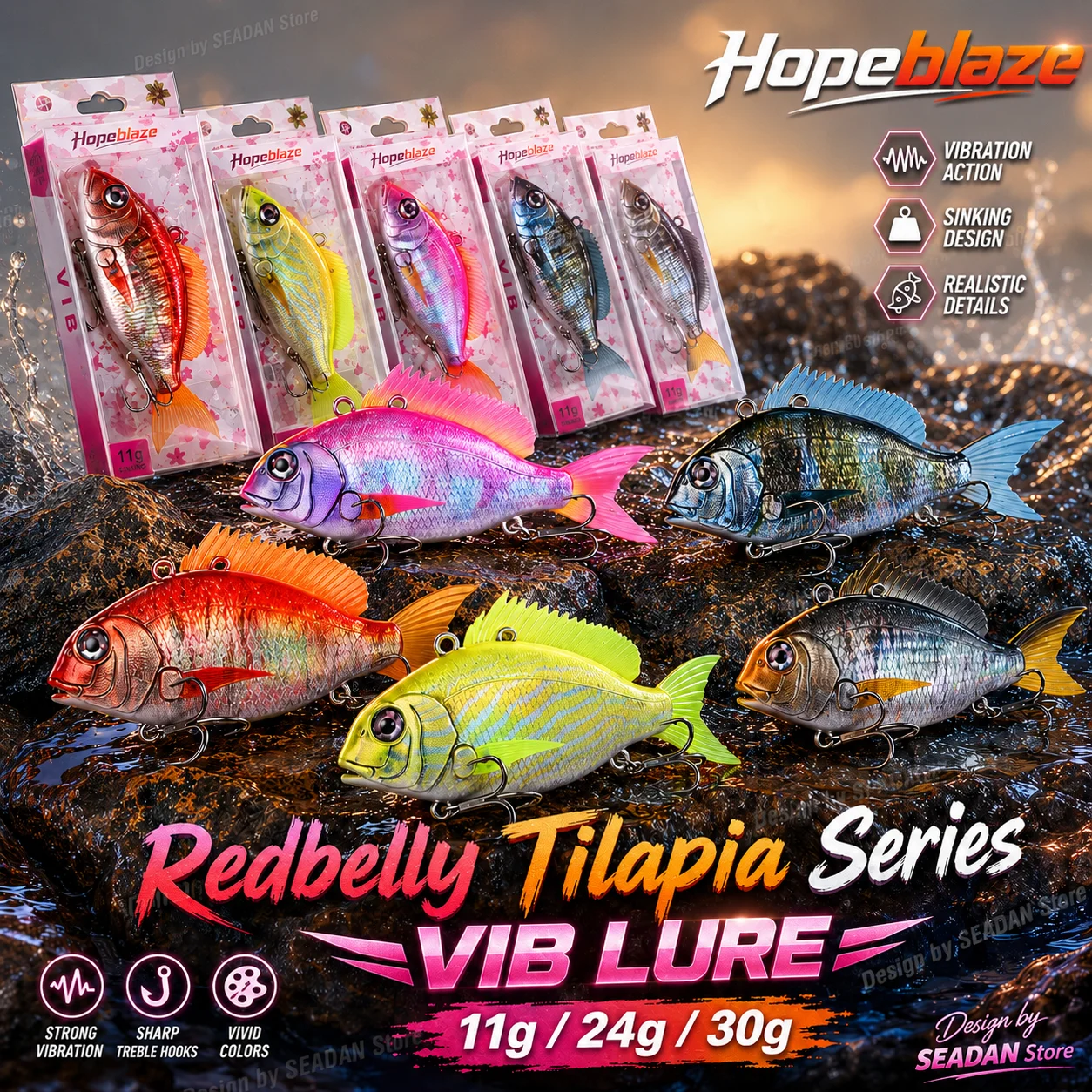 Hopeblaze Redbelly Tilapia Series VIB Lure Teflon Treble Hooks Built-in Rattle for Culter Bass Tilapia Pike Rainbow Trout
