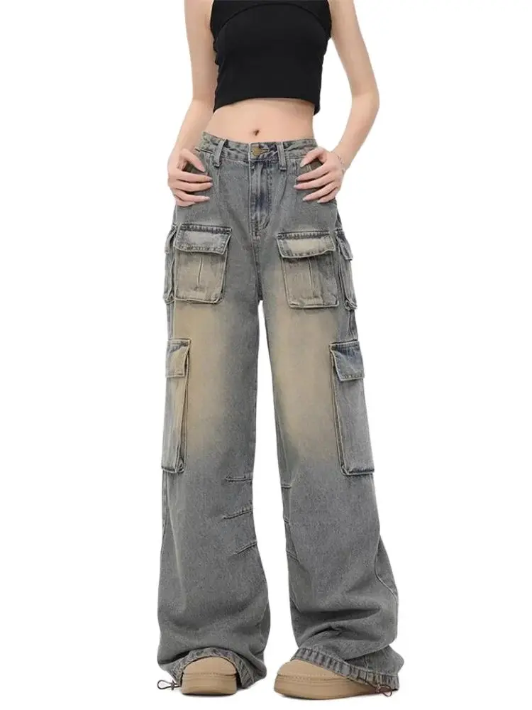 

Women Blue Cargo Jeans Vintage Y2k 90s Aesthetic Baggy Denim Trouser Harajuku High Waist Wide Cowboy Pants Trashy 2000s Clothes