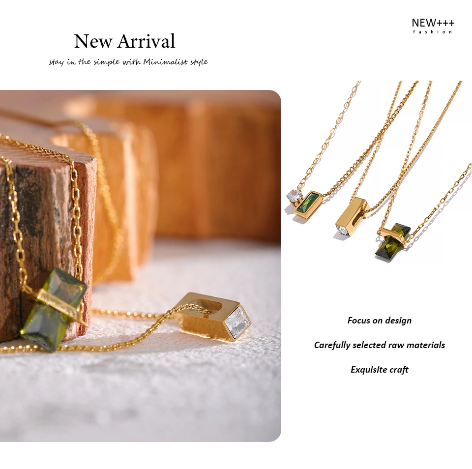 Yhpup Edelstahl Olivgrüner Zirkonia Chic Anhänger Halskette für Frauen Minimalistischer Charme Koreanischer Modekragen Schmuck – Detail 10
