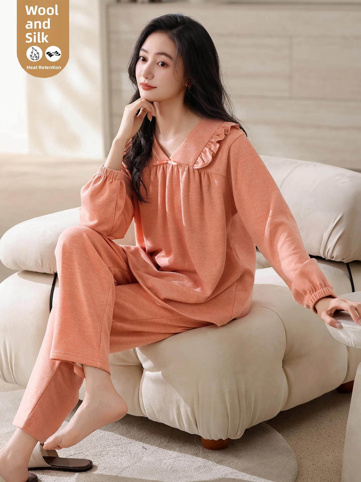 

Осенне-зимняя домашняя одежда из шелка и шерсти с длинными рукавами и V-образным вырезом, удобная, мягкая, из полиэфирного волокна