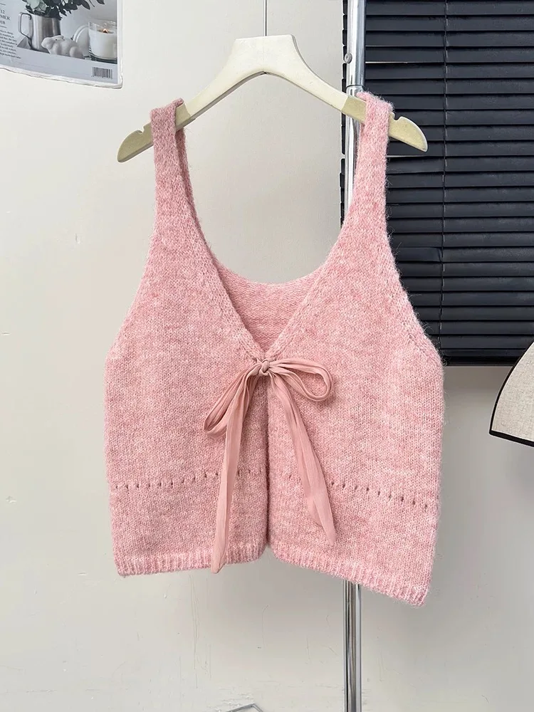 Two Sides Wear Sweet Bow-Tie Front V-neck Sweater Vest Women Spring Autumn Sleeveless Knit Coat Beige Pink Gray Blue Tank Top