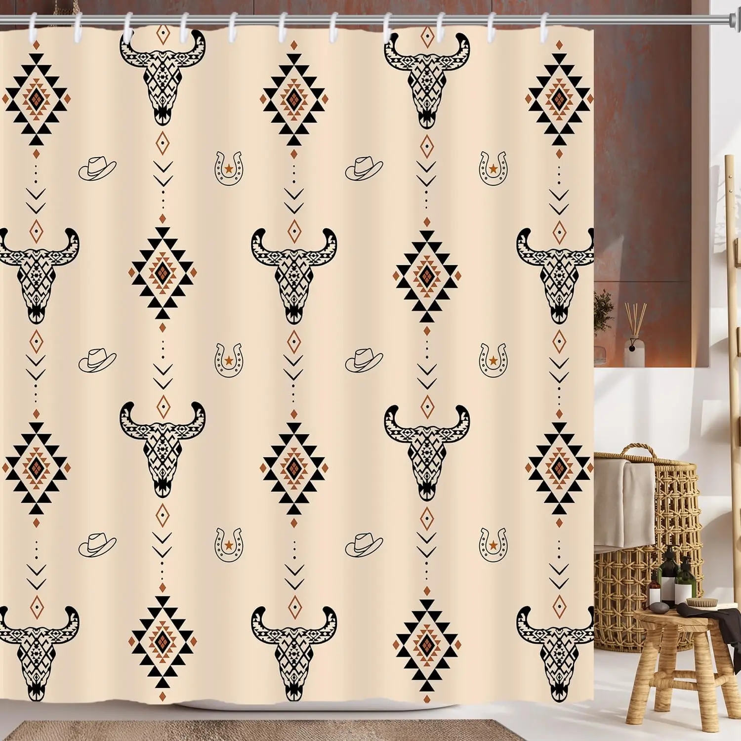 

Cute Cowboy Bull Head Shower Curtain Western Design Bathroom Decor Rustic Farm Theme Waterproof Bath Curtain