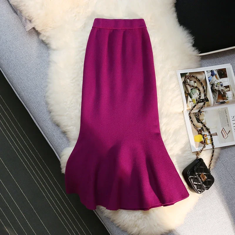 MEXZT Vintage Knit Long Skirts Women Elastic High Waist Slim Mermaid Skirt Autumn Winter Korean Elegant Solid Trumpet Skirts New