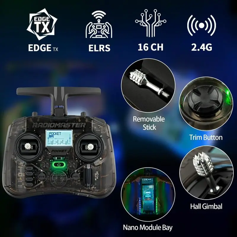 Radiomaster Pocket ELRS Remote Controller Portable Hall Gimbal EdgeTX Transmitter LED Light for FPV Drone(Battery Not Included)