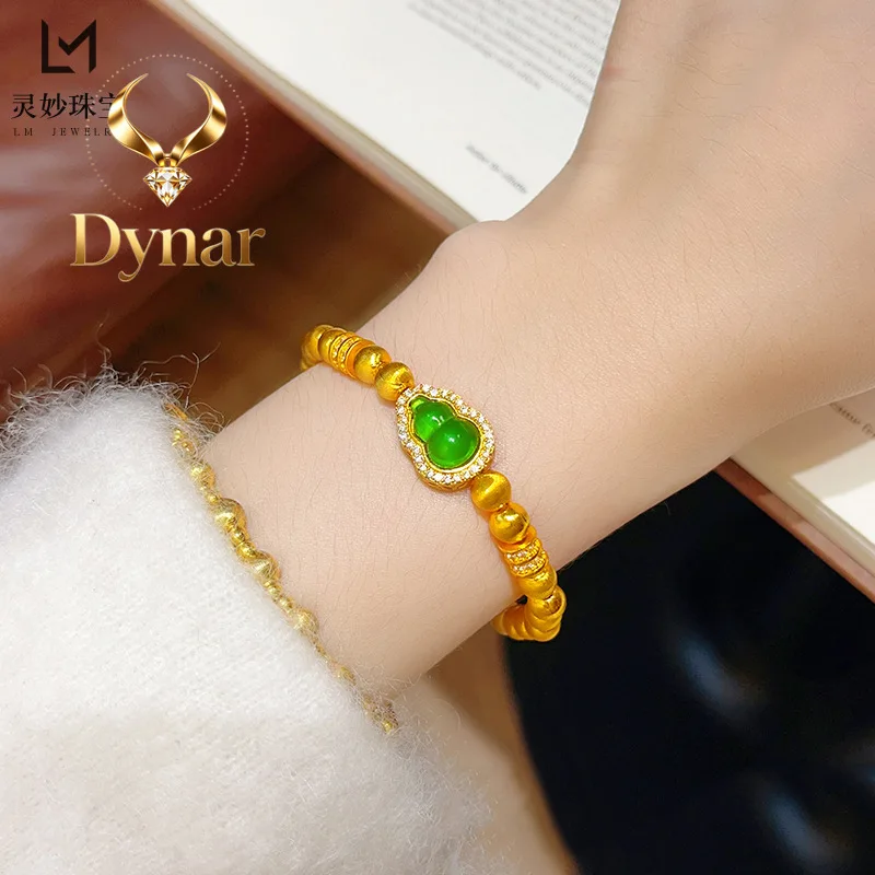 Dynar Jewelry   New Chinese style national style 24K real gold dots diamond green gourd double row running ring cat eye 9999 bra