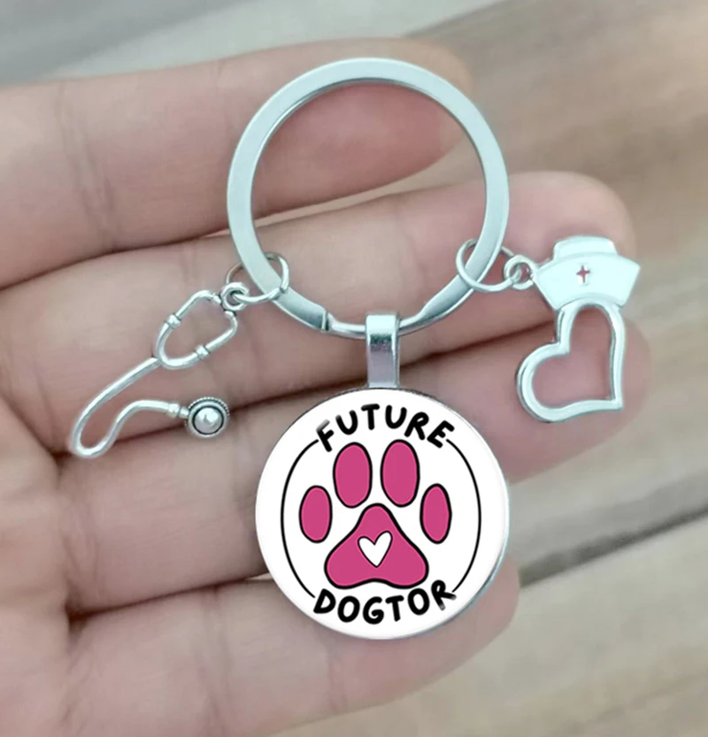 I Love Veterinary Medicine Nurse Keychain Animal Doctor Keyring Glass Dome Cabochon Pendant Men And Women Fashion Charm Jewelry