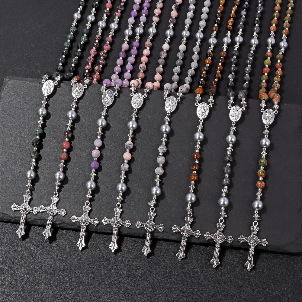 Christ Jesus Cross Pendant Necklace Natural Stone Beads Virgin Mary Bracelets For Women Men Catholic Rosaries Religious Jewelry