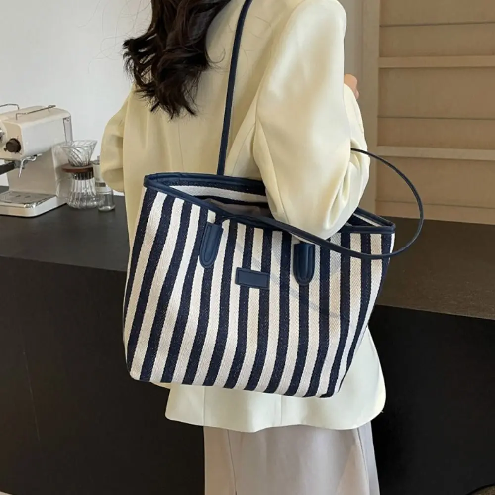 

Холщовая сумка-тоут большой емкости в полоску в стиле ретро на молнии, сумка через плечо в корейском стиле, многофункциональная сумка для покупок для девочек