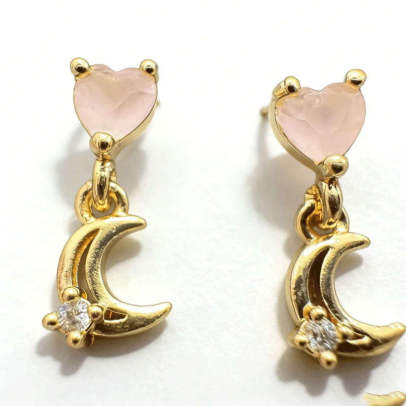 Elegant Silver Plated Heart Moon Pink Cubic Zirconia Drop Earrings, Luxury Celestial Jewelry For Women Anniversary Gift