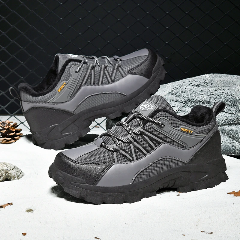 Men's Warm Fleece Lined Hiking Boots Non-Slip Wear Resistant Thick Sole Ankle Boots for Outdoor Trekking Daily Walking