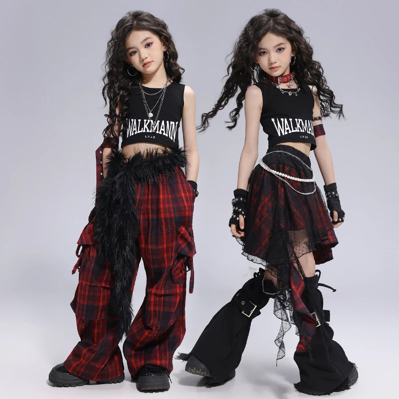 Abbigliamento Hip Hop per ragazze Punk Crop Top Pantaloni cargo Bambini Street Dance Gonna scozzese Set di vestiti Bambini Streetwear Abiti per adolescenti