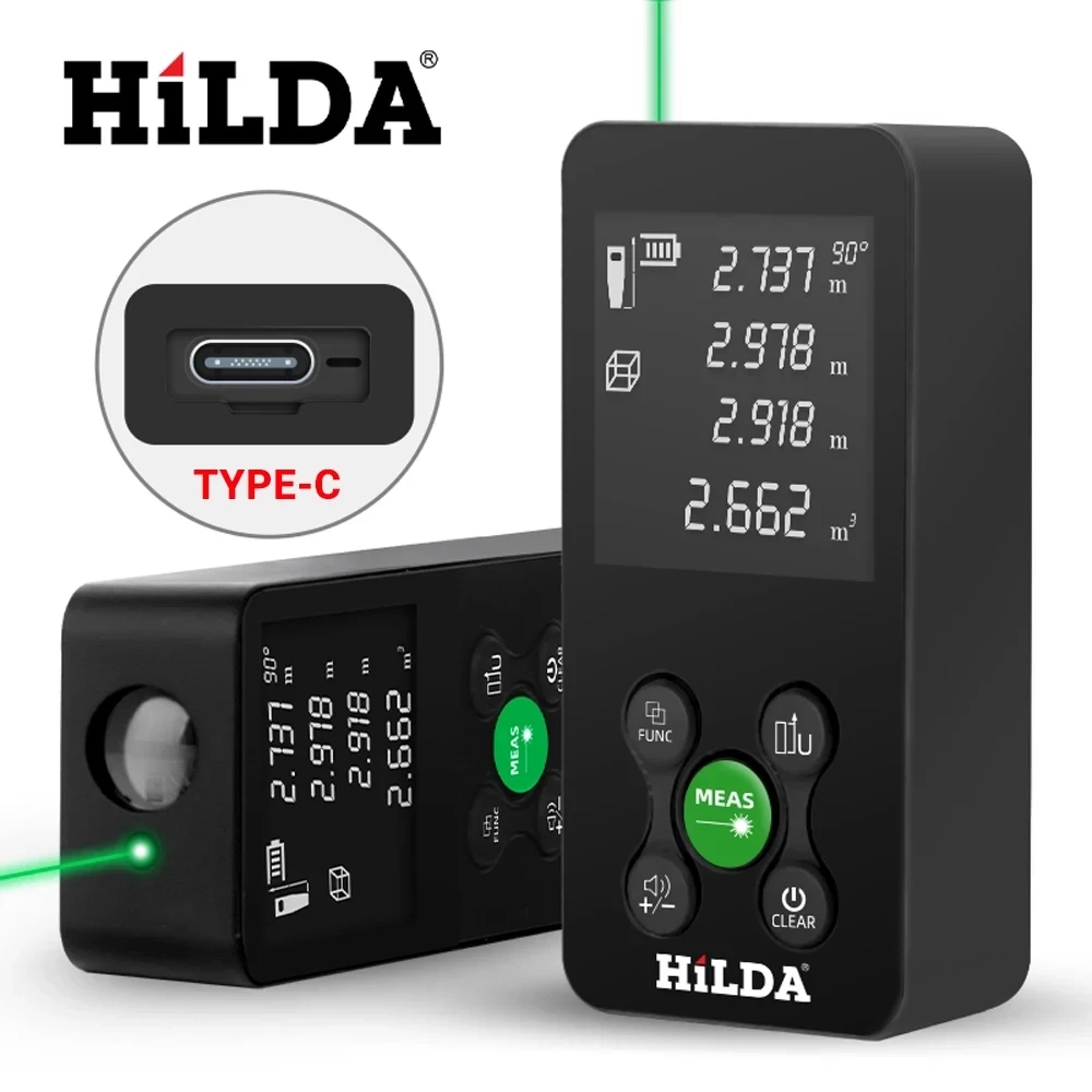 HILDA 50M/100M Laser Rangefinder Red/Green Light Laser Distance Digital Tape Rechargeable and Measurable Angle Laser Measure