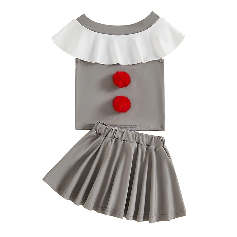 

Kids Girl Halloween Outfit Toddler Off Shoulder Ruffled Contrast Color Plush Ball Top A-Lien Skirt 2pcs Set