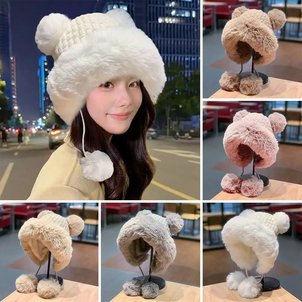 Women Winter Warm Kawaii Fox Fur Imitation Mink Plush Hat Thickened Cute Bear Ear Japanese Bomber Hat Ear Protection Cosplay Cap