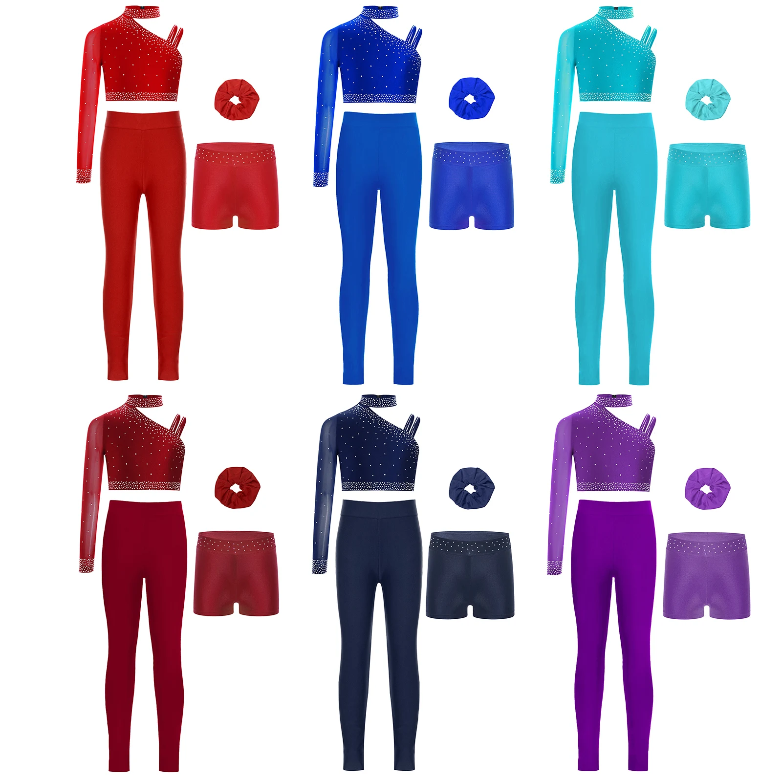 Girls Figure Skating Ballet Dance Gymnastics Outfit Unique Irregular Shoulder Rhinestones Crop Top with Shorts Hairband Leggings