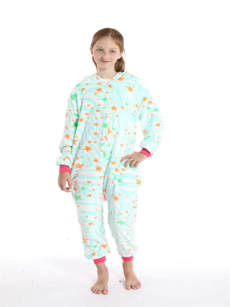 Fall-winter Flannel Children Cartoon Halloween Cosplay Kigurumi Unicorn One-piece Pajamas Costume Hooded Warm Sleepwear Unisex