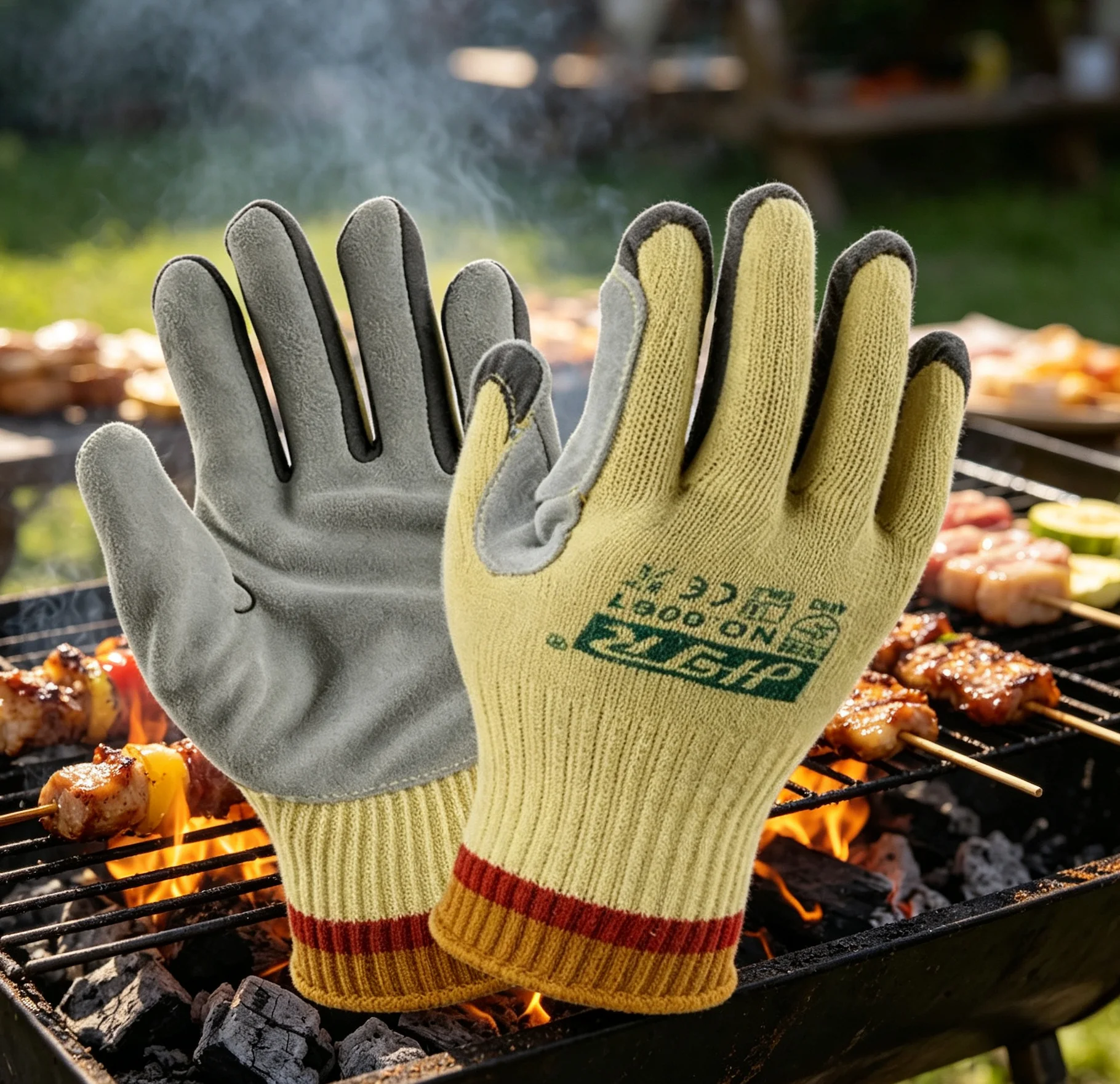 

BBQ Glove Heat Resistant Aramid Fiber Fire Proof Glass Handling Split Cow Leather Butcher Anti Cut Work Glove