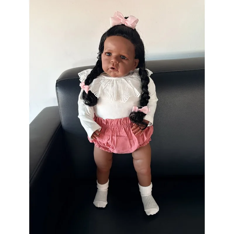 24 Inch 60cm Cotton Body Silicone Vinyl Toddler Girl Doll Sandie with Dark Skin Cute Girl Baby Doll