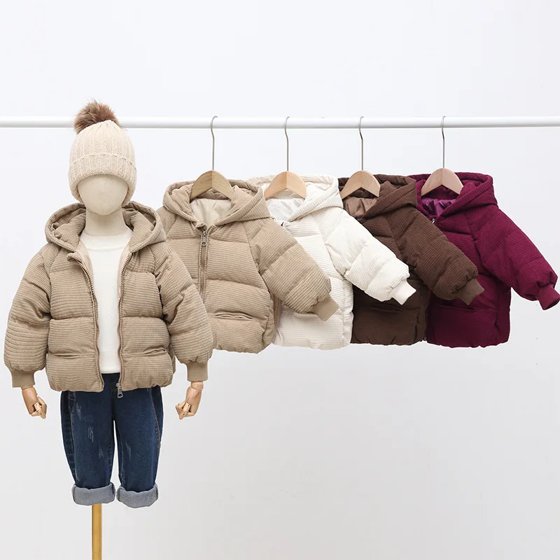 

0-6-year-old children's coat winter new solid color boys' hooded warm and thickened coat corduroy girl baby cotton jacket