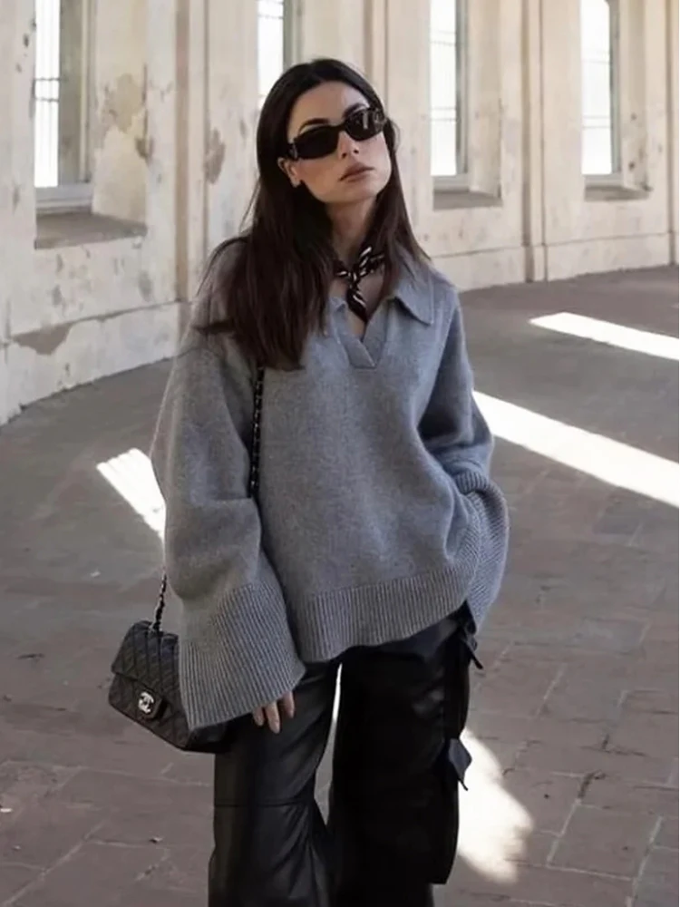 Foridol Grey Flare Sleeve Turn Down Collar Warm Winter Sweater Women Pullover Knitted Jumper Autumn Casual Sweater Loose