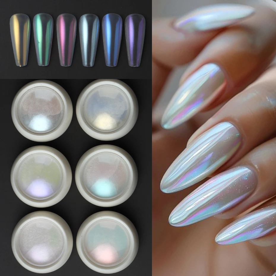 6pcs Pearl Effect Nail Powders Mirror Aurora Chrome Mermaid Nails Art Powder Rainbow Magic Mirror Pearl Shell Powder Supplies