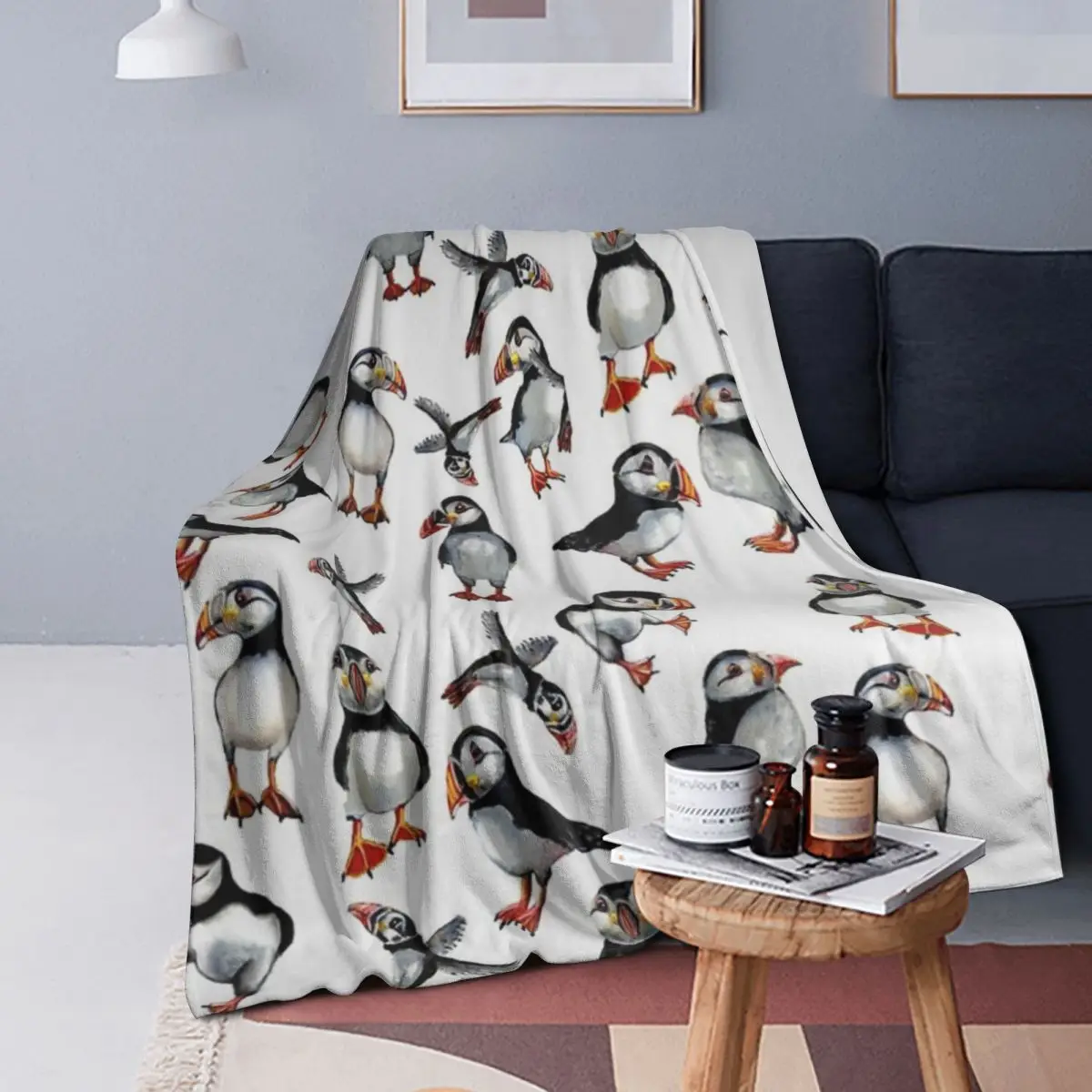 

Puffins Pattern Blankets Soft Warm Flannel Throw Blanket Cover for Bed Living room Picnic Travel Home Sofa