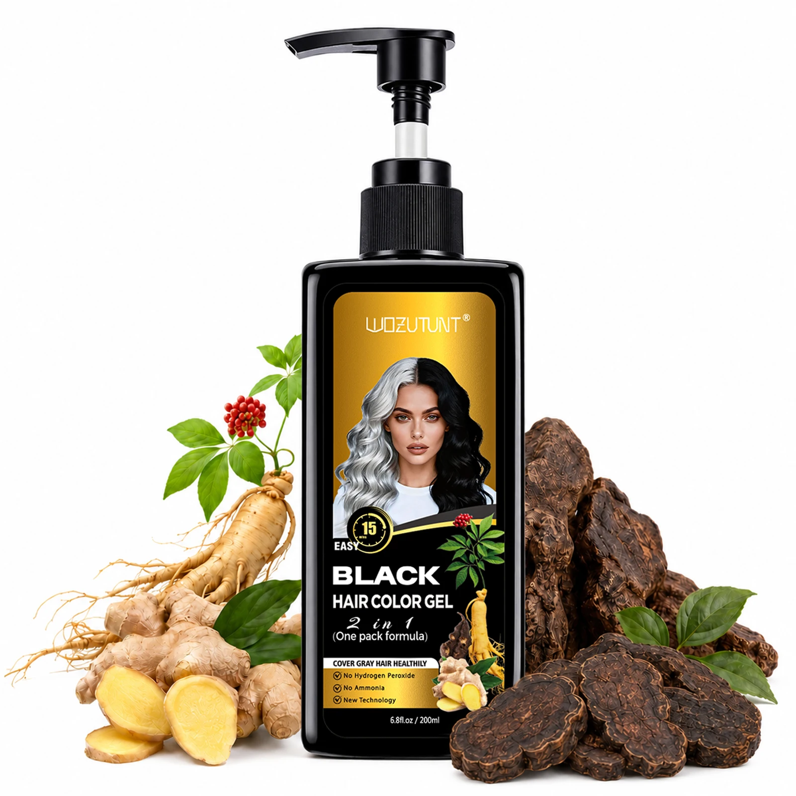 Black Hair Color Gel, 15-Minute Gray Coverage Brush-On Pump for Men and Women, Plant-Extract Blend 6.8 FL oz