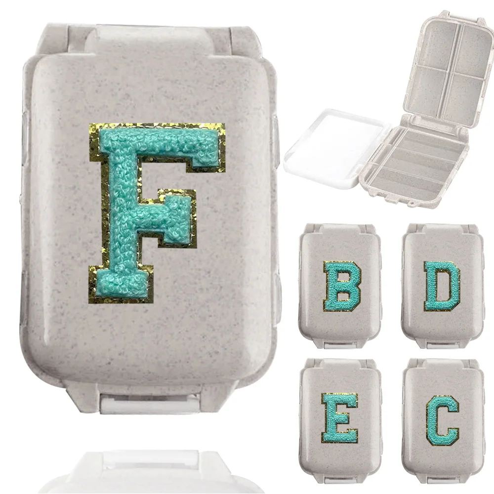 Portable Green Letter Embroidered Logo Pattern Folding Pocket with Lock Medicine Box 8-cell Vertical Medicine Storage Box