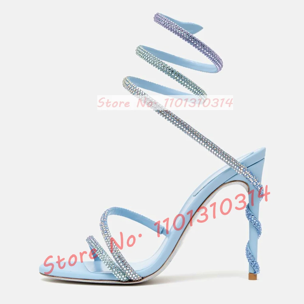 Gradient Crystal Ankle Wrap Sandals Women Luxury Sparkly Snake Strap 2024 Summer Colorful High Heels Shoes Party Evening Sandals