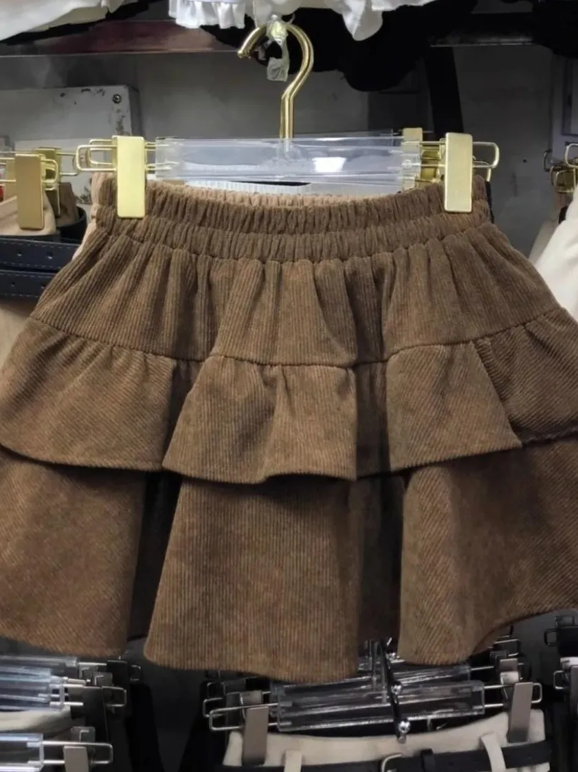 Khaki Corduroy Cake Half Skirt Women's Autumn Winter New Elastic Waist Slimming Versatile Short A-Line Skirt Korean Style