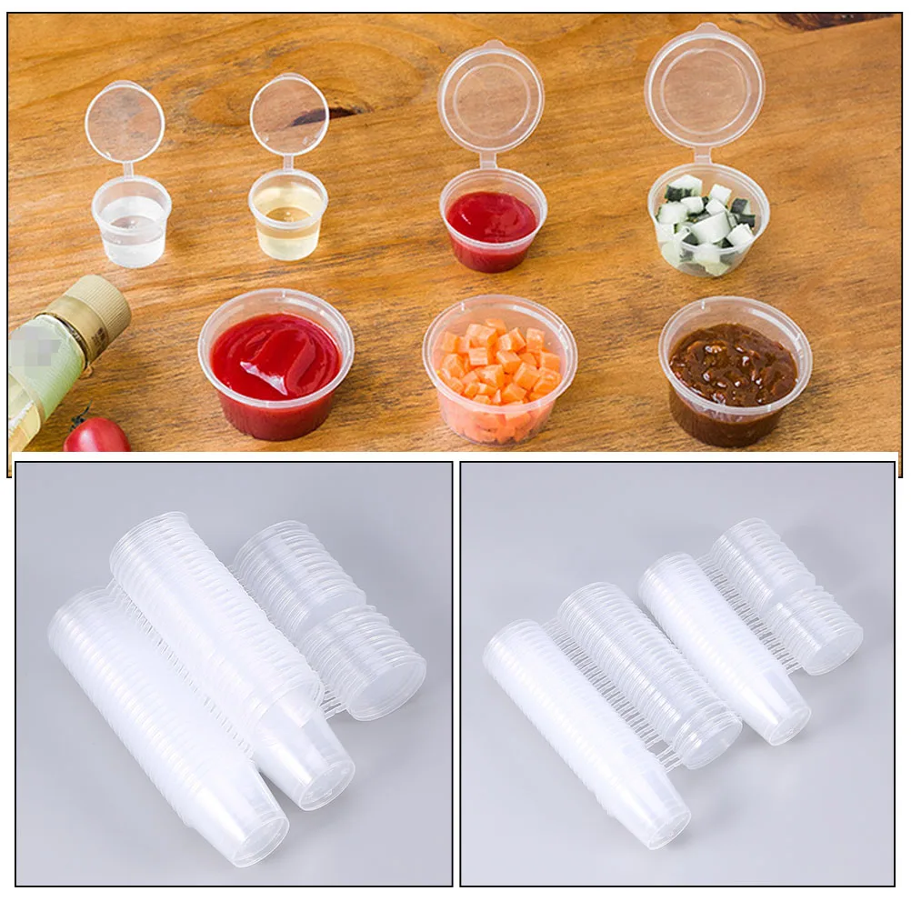 

100pcs Clear Seasoning Boxes with Lids Transparent Storage Cups Disposable Portion Containers for Sauces Desserts Restaurant