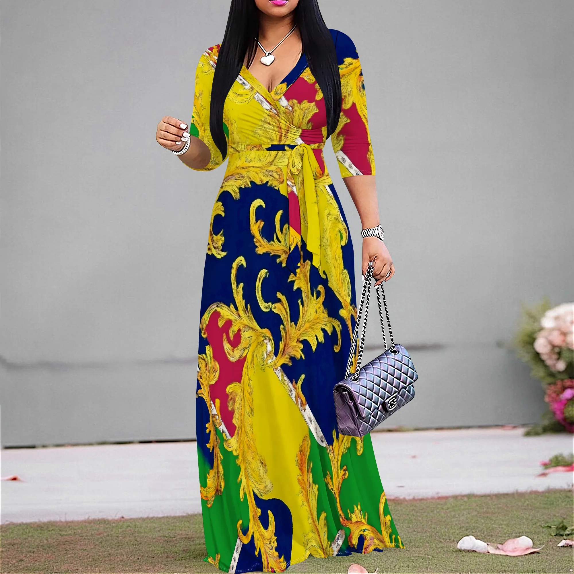 

Multicolor Baroque Print Maxi Dress S-3XL V-Neck Wrap Style with Belt & 3/4 Sleeves for Church, Cultural Event or Festival Look