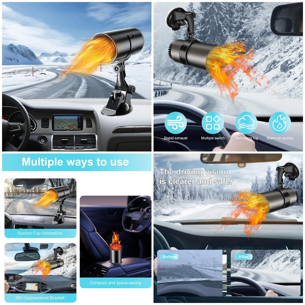 

12V 150W Car Heater Defroster, 2-in-1 Portable with Suction Holder for Windshield