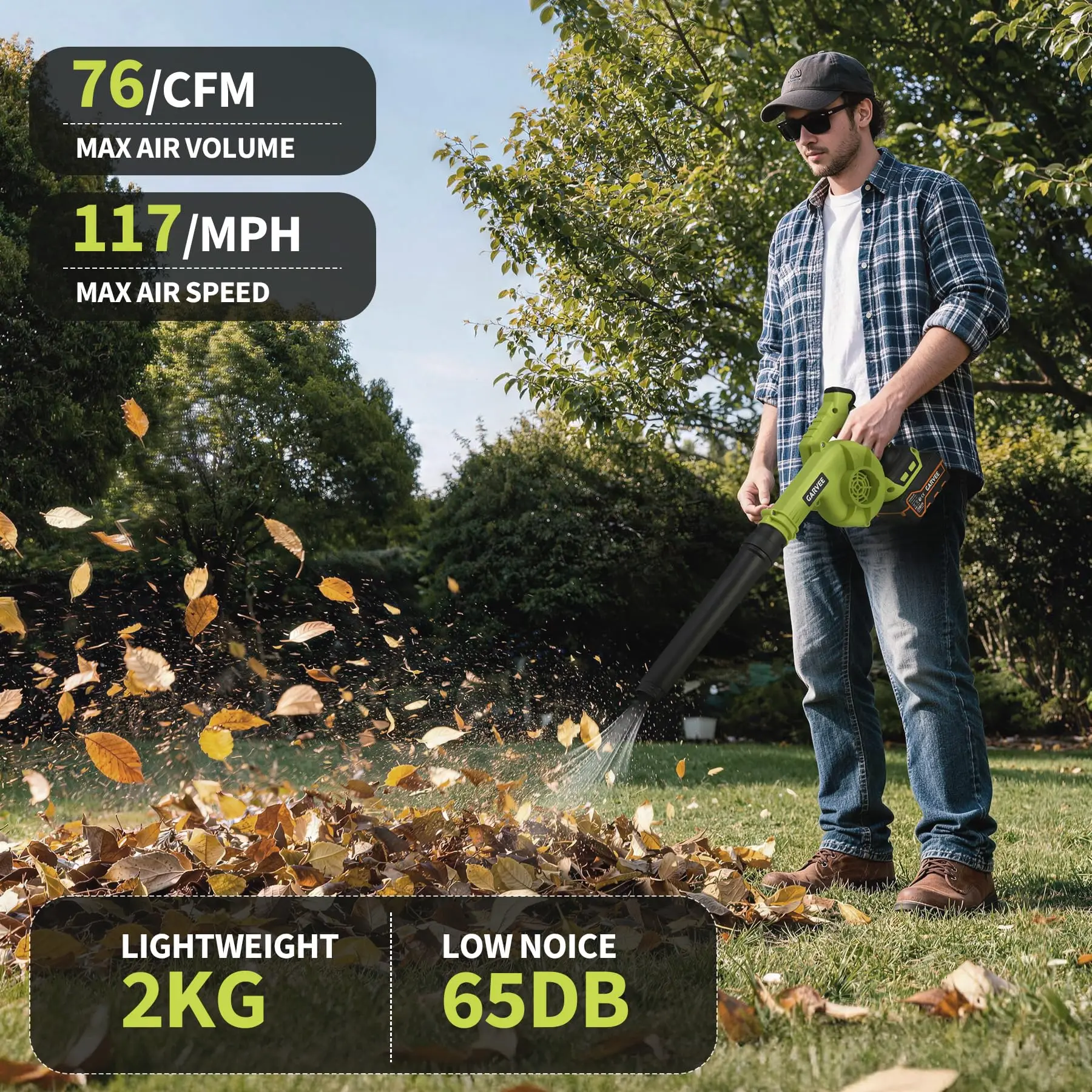 20V Wire-Free Leaf Blower – 117 MPH, 76 CFM, Lightweight with 4.0Ah Battery & Fast Charger, 3-Section Tube for Yard, Lawn, Patio & Snow – Green