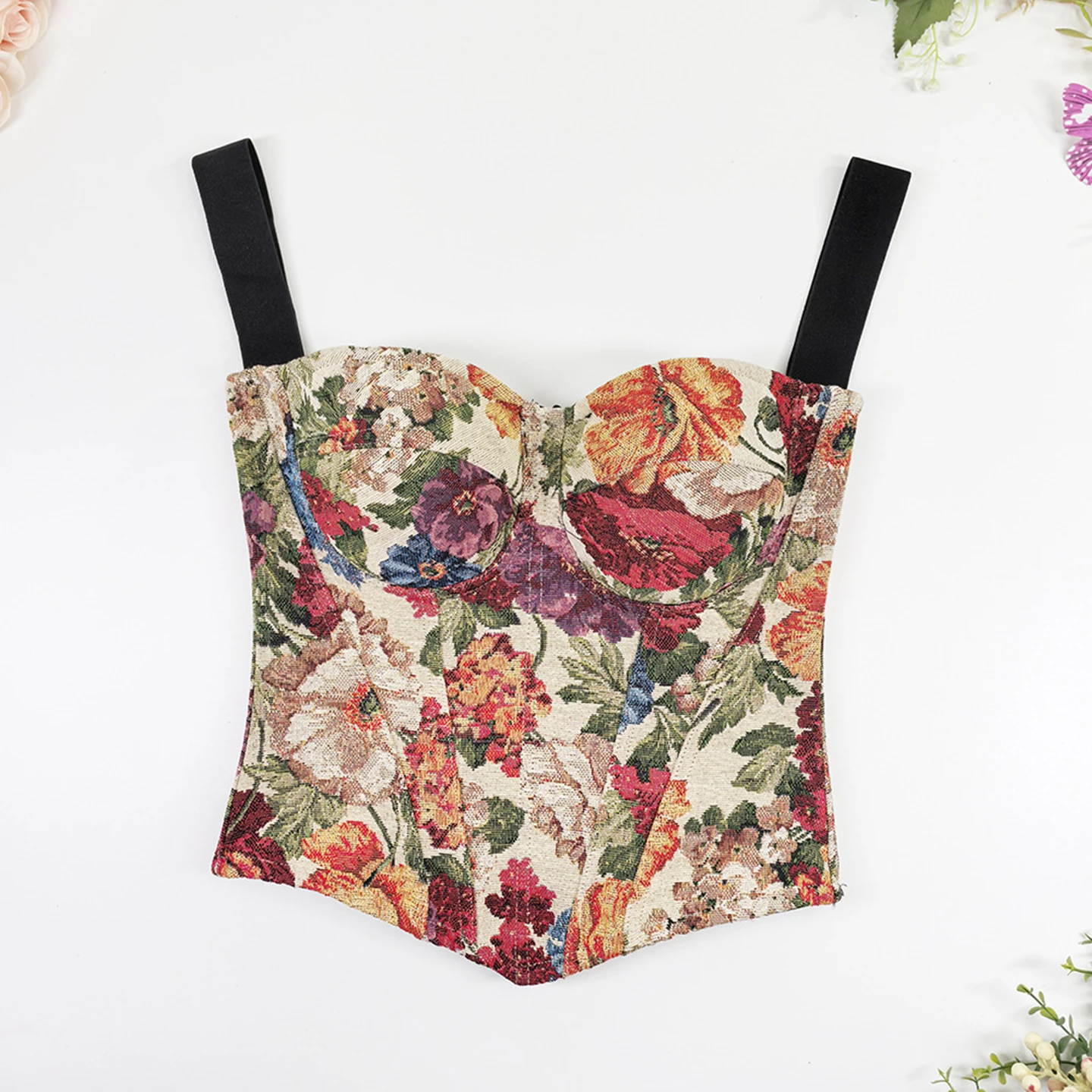 Jacquard Floral Out Wear Fashion Fish Bone Steel Ring Short Sling Vest Sexy Girl Summer New Holiday Slim Versatile Bottoming Top