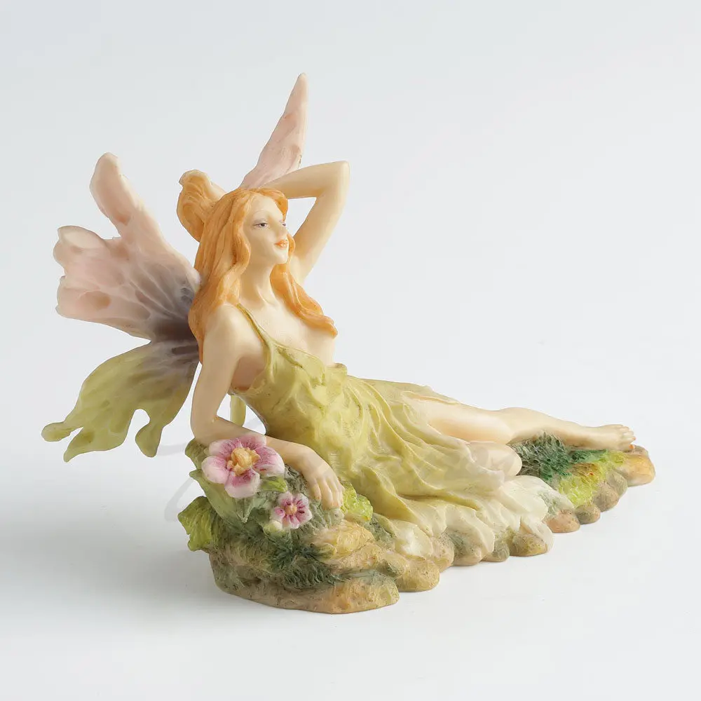 Lying Green Floral Wing Fairy Resin Figurine Fantasy Garden Elf Statue Nature Flower Fairy Home Desktop Ornament Birthday Gift