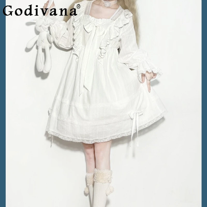 

Japanese Style Lolita Dress for Women White Princess Style Lace Bow Dress Female Long Sleeve Solid Color Short Dress