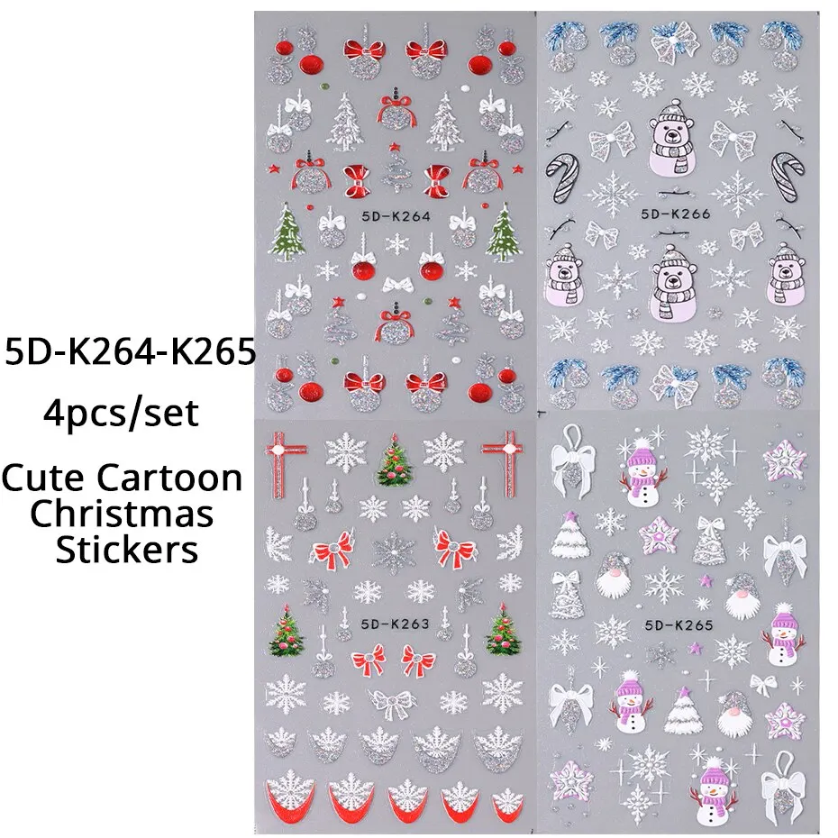 4pcs 5D Cute Christmas Snowman Nails Decals Winter Snowflake Santa Claus Snow Nail Stickers Slider Decoration Embossed Manicure image 5