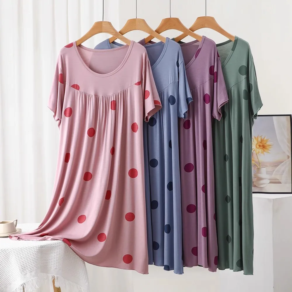 

Summer Pajama Nightgown Modal Nightdress Round Dot Night Dress Women Comfortable Nightwear Short Sleeve Sleepwear Home Wear