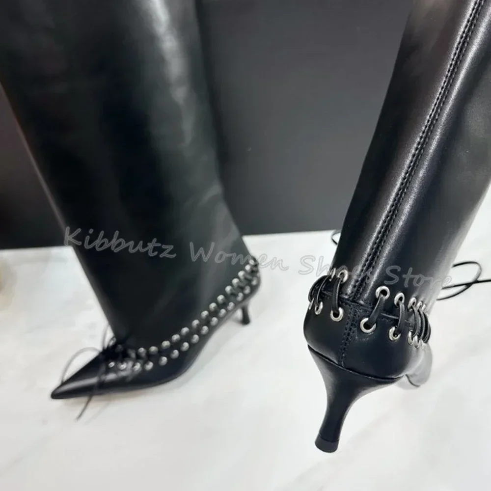 

Wide Lace-Up Cross Strap Boots Knee High Genuine Leather Slip-On Luxury Concise Party Dress Women Shoes Pointed Toe Kitten Heels