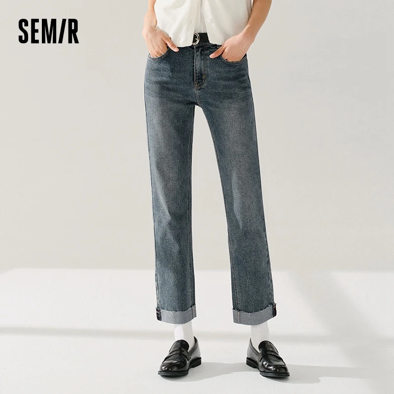 Semir Jeans Women Fringed Straight Leg Pants 2024 New Spring Casual Versatile Egg Roll Pants