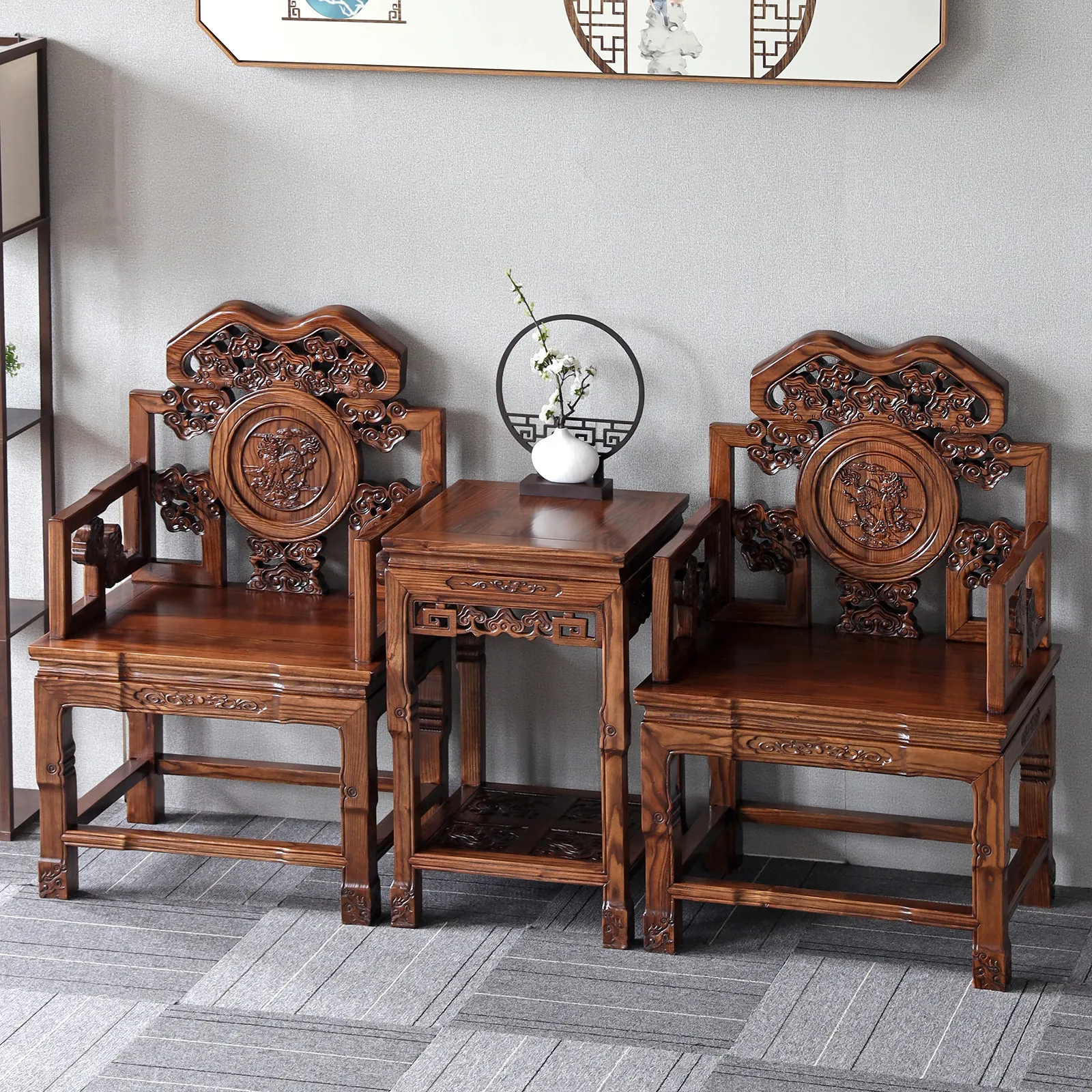 For Antique Solid Elm Armchair Set, Chinese Official's Hat Chair with Tea Table, 3-Piece Home Furniture