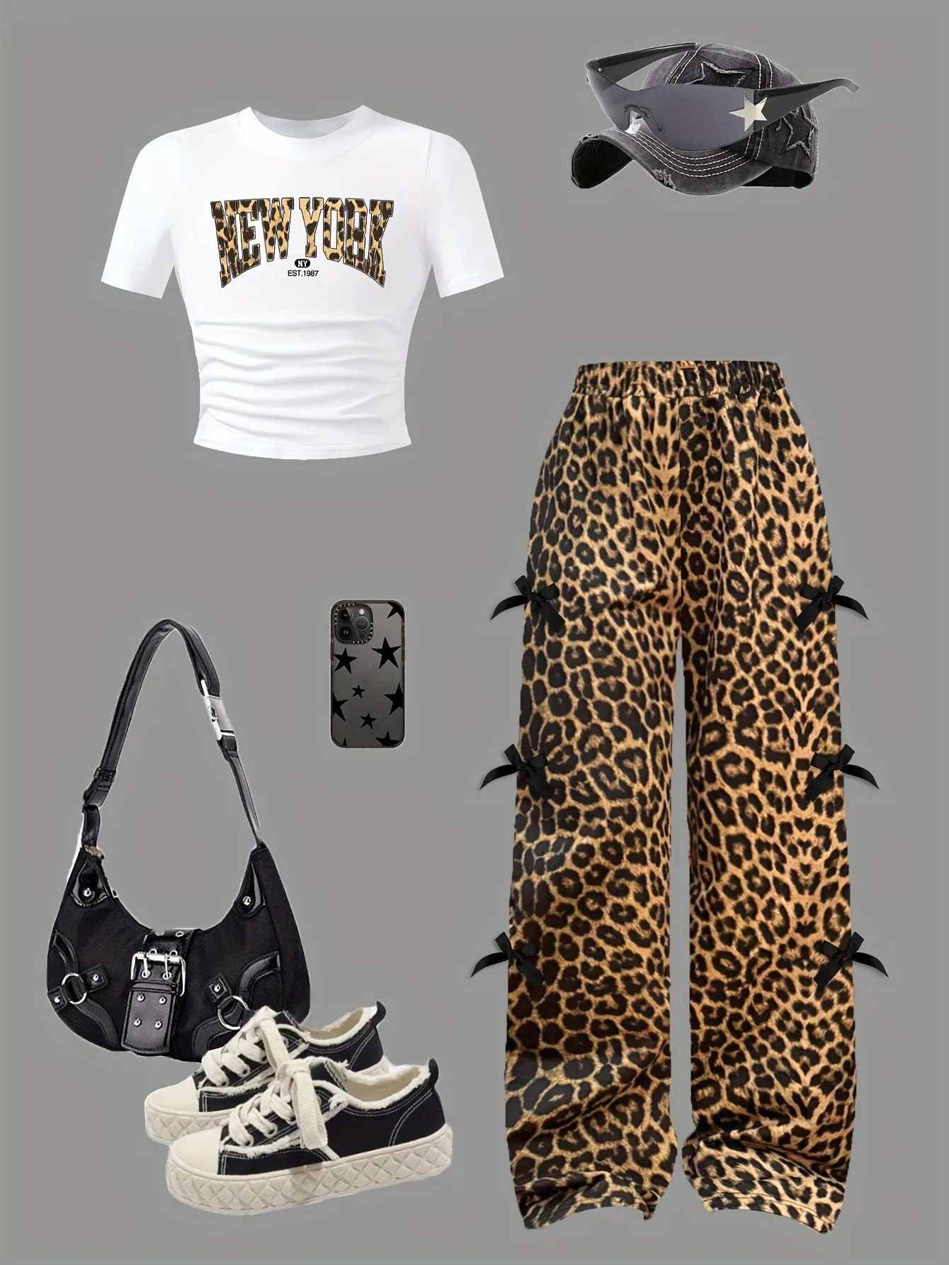Ensemble décontracté 2 pièces confortable pour filles, t-shirt doux imprimé New York + pantalon léopard à taille élastique pour l'été