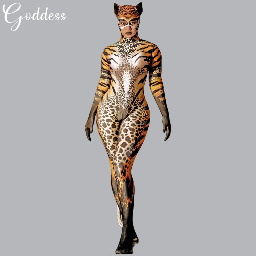 Sexy Leopard Role Playing Jumpsuit Women Elastic Tights Full Cover Bodysuit Halloween Party Animal Cosplay Costumes Stage Wear