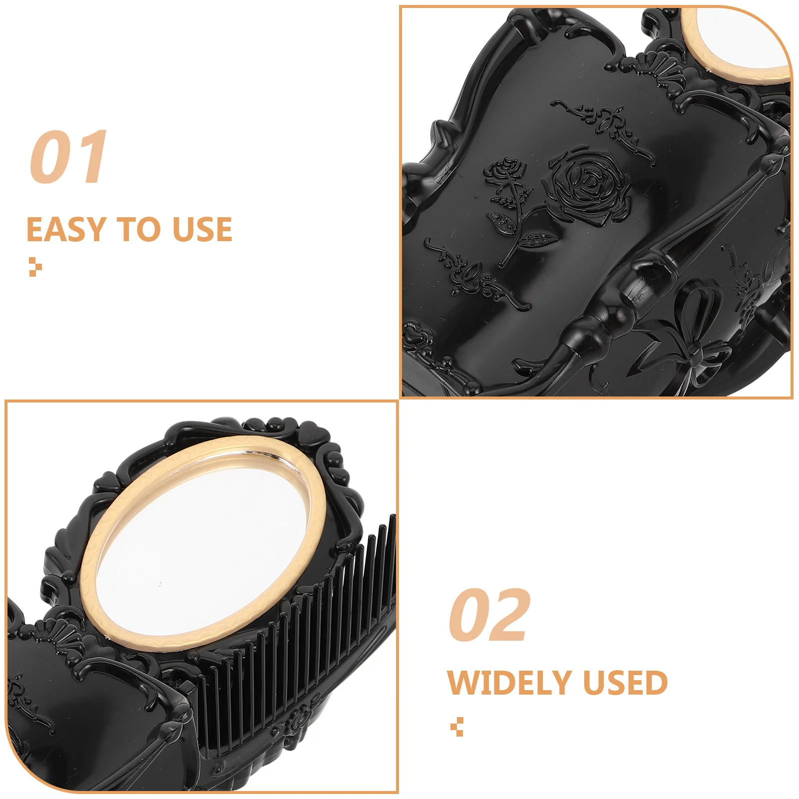 مجموعة مرآة مشط الشعر العتيقة، مشط ذو أسنان واسعة، منظف فرشاة الشعر، صندوق PVC أسود، أمشاط تصفيف محمولة للنساء أثناء السفر #3