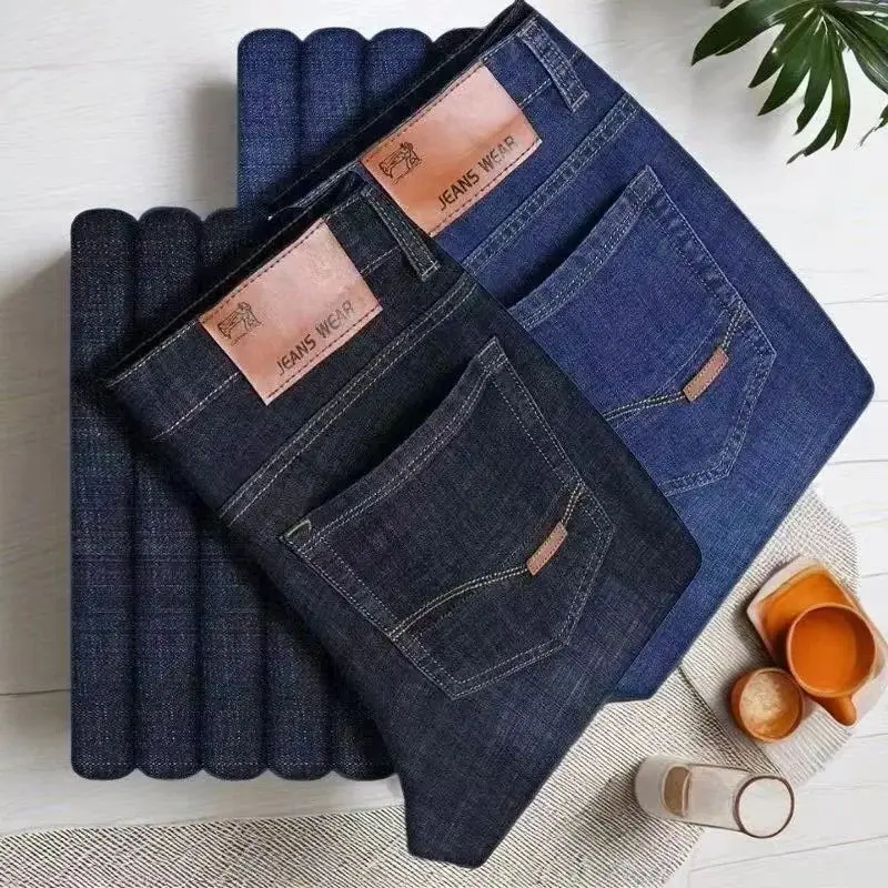 กางเกงยีนส์ผู้ชายทรงตรง สไตล์ลำลอง ยืดได้ แฟชั่นคลาสสิก สีน้ำเงิน/ดำ สำหรับทำงาน แบรนด์เสื้อผ้าผู้ชาย ปี 2025