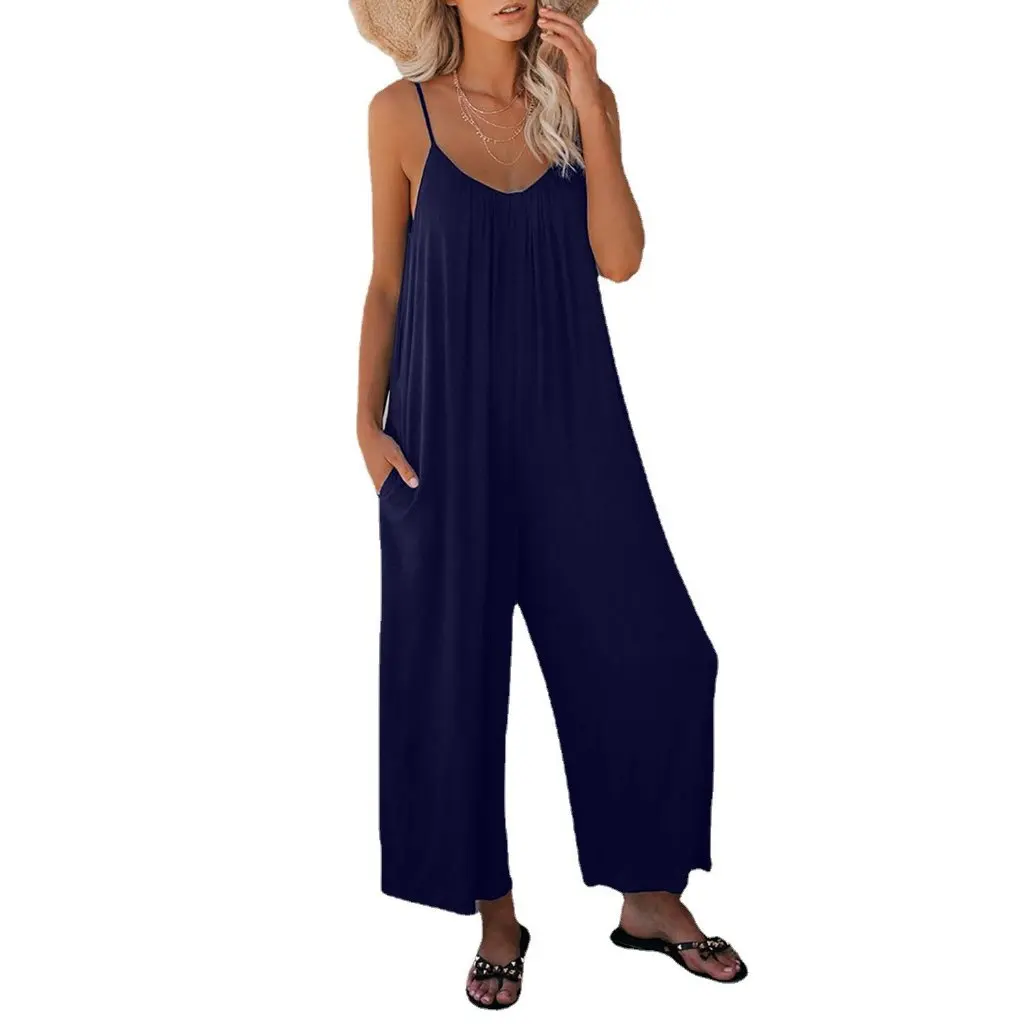 

Women's Loose Casual Suspender Jumpsuit Solid Color Summer Style Trousers by European And American