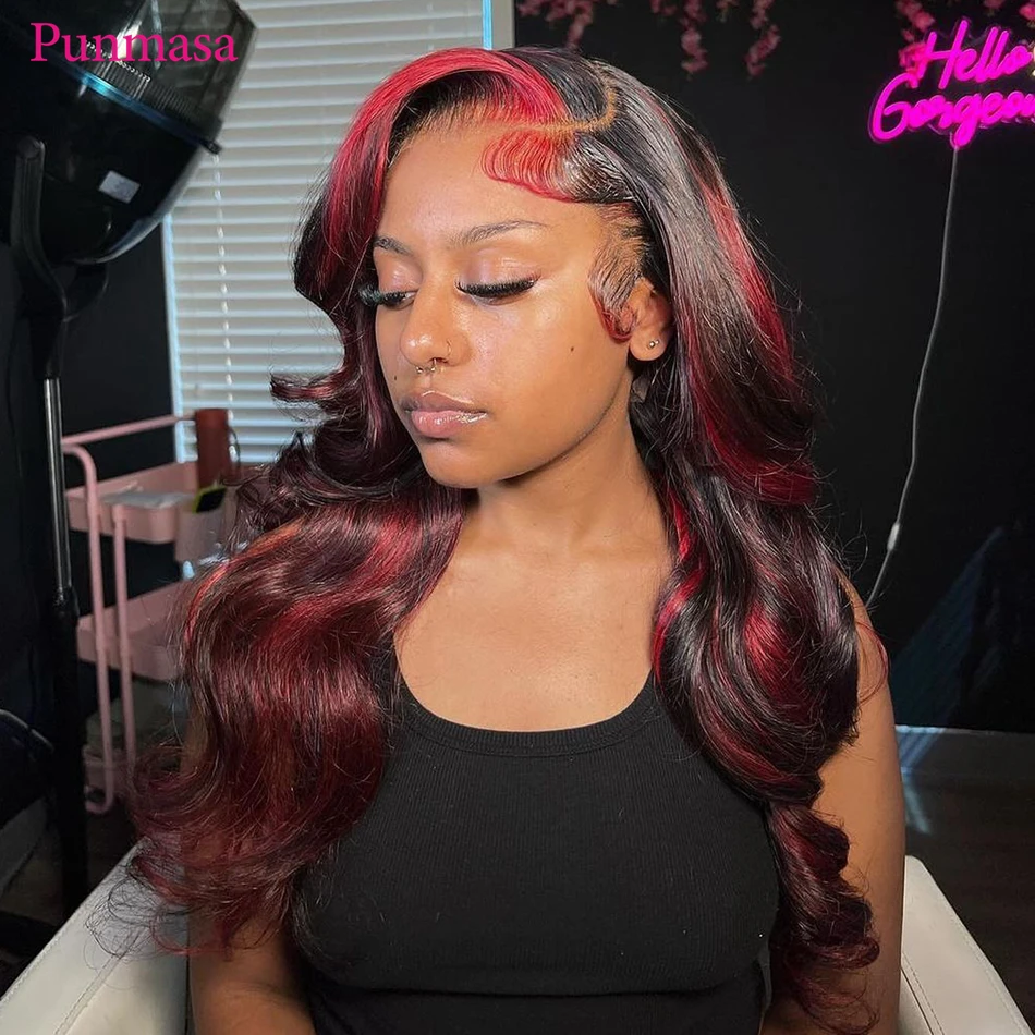 Punmasa-Red Highlight Colored Body Wave Peruca de Cabelo Humano para Mulheres Negras, Cabelo Brasileiro, Cabelo Remy Pré Arrancado, 200% Densidade, 1B